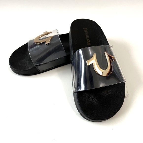 NWOB True Religion Elle Clear Slide Sandals Black Gold Logo - Picture 2 of 8